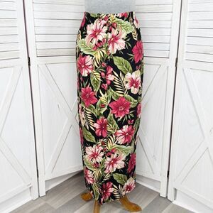 Haggar‎ Vintage Linen Tropical Flower Print Button Front Maxi Skirt Black Pink 8